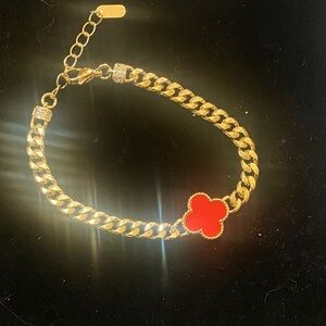 Gold Chain Bracelet with Red Clover Charm